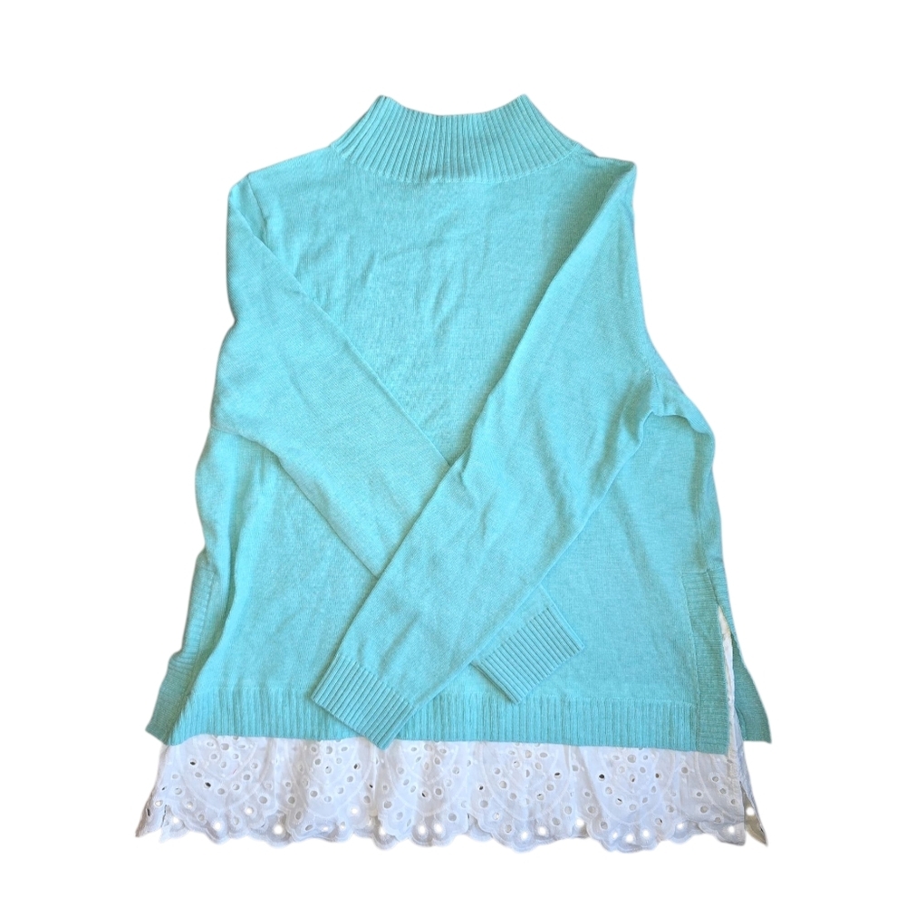 Pullover Sweater Tunic Petite Medium Eyelet Hem Mockneck Blue White NWT Talbots - Picture 5 of 6